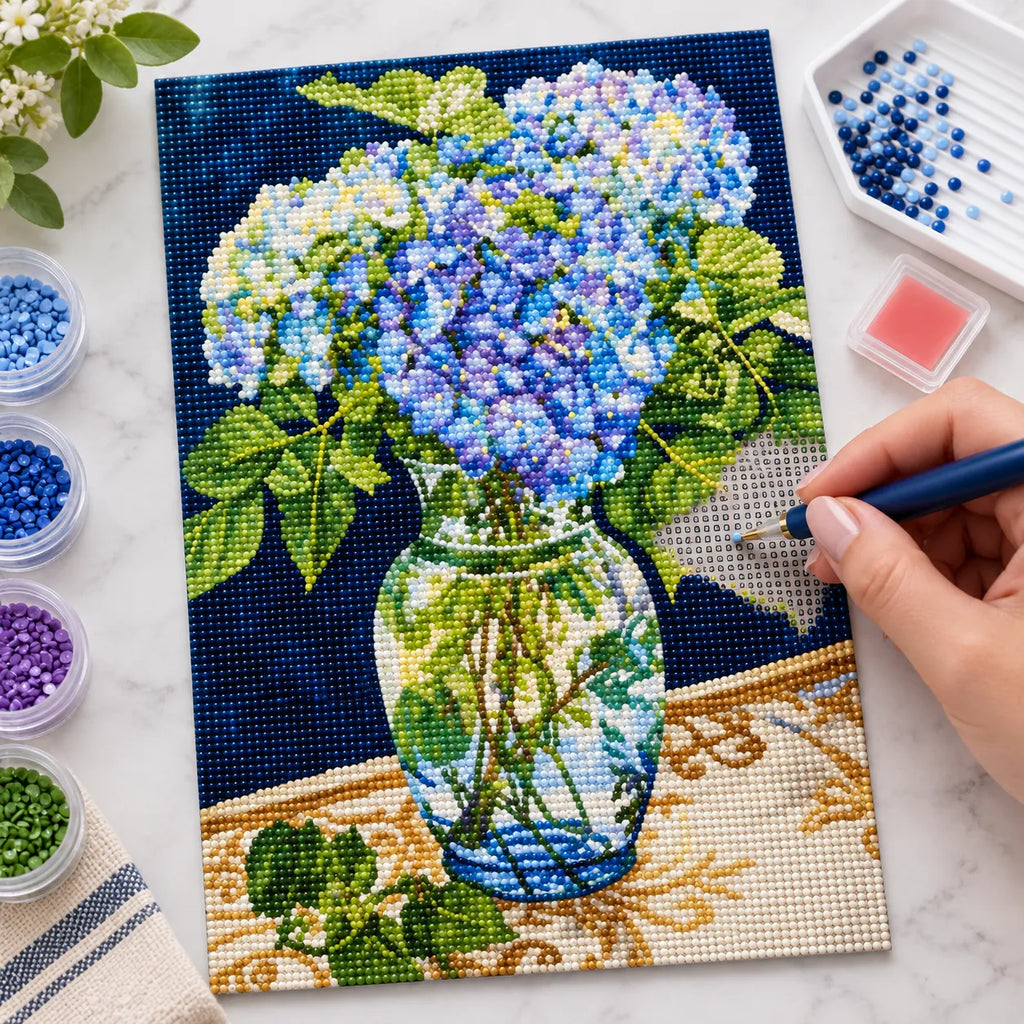 Blue Hydrangea Flower Vase Diamond Painting Kit