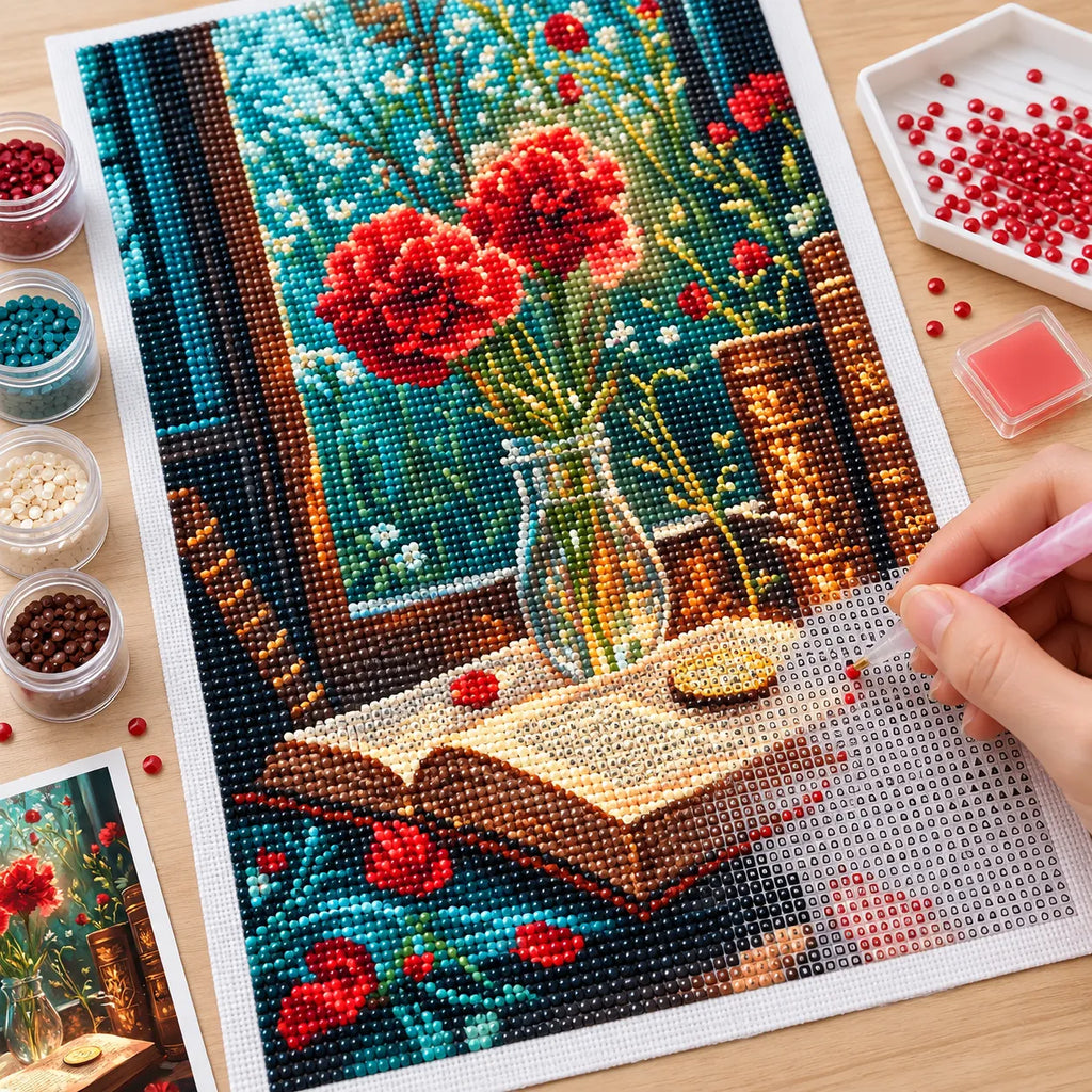 Vintage Poppy Flower Book Diamond Painting Kit Art