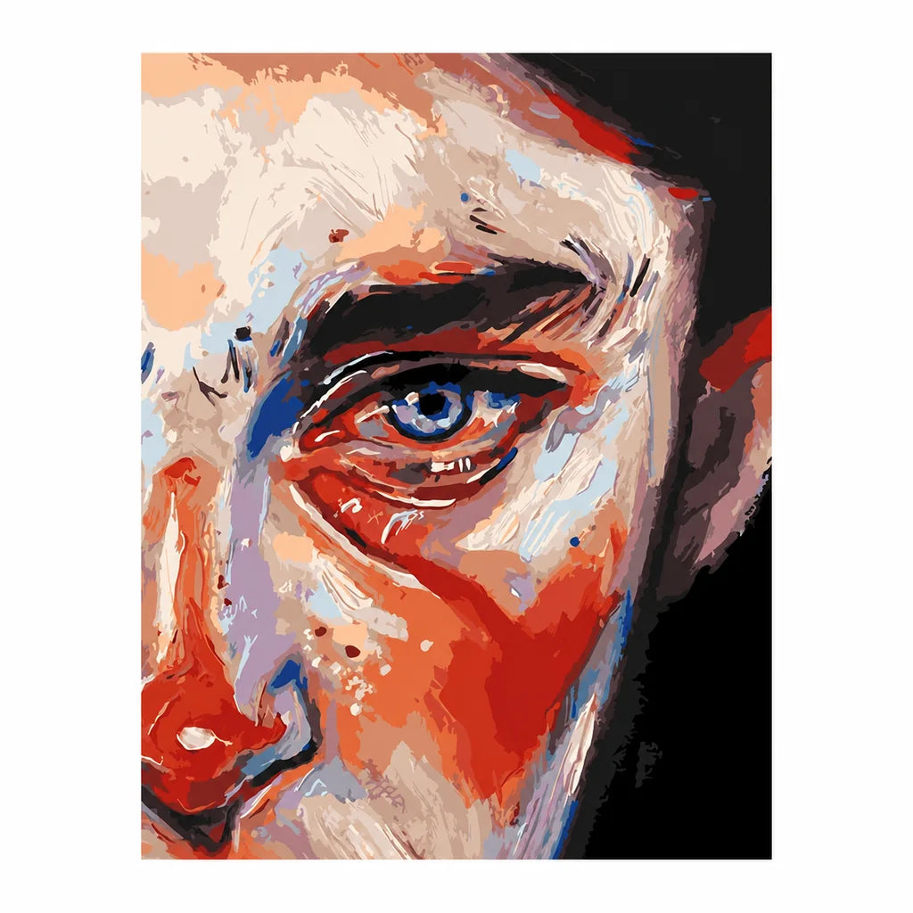 Original abstract portrait featuring a single vivid blue eye with orange, cream, and cobalt brushwork.