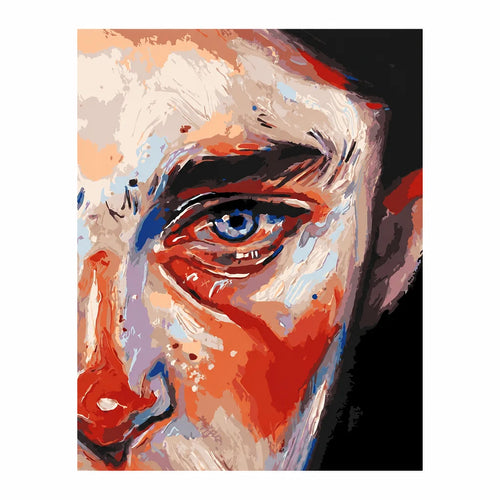 Original abstract portrait featuring a single vivid blue eye with orange, cream, and cobalt brushwork.
