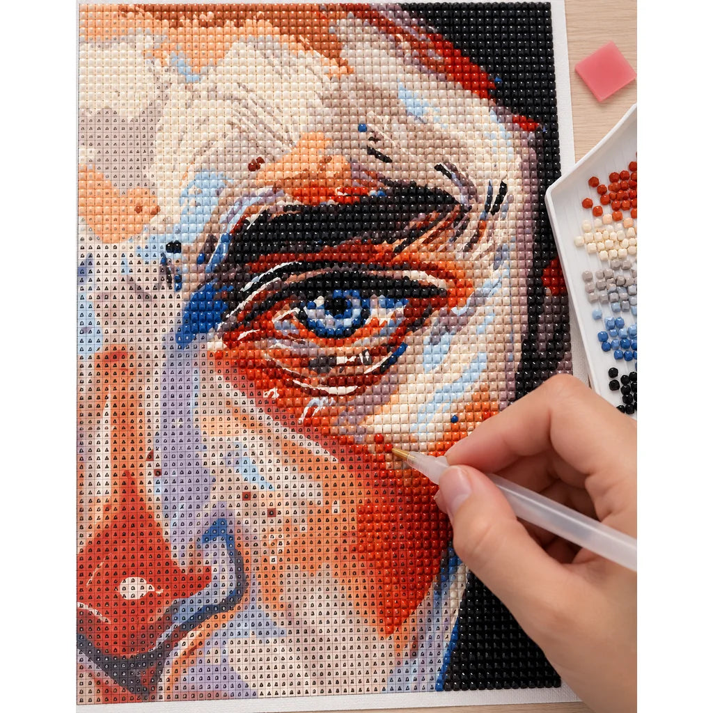 Hands placing diamond drills on an abstract portrait centered on a vivid blue eye.