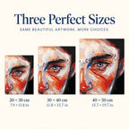 Size guide for Abstract Blue Eye Portrait Diamond Painting Kit: 20 × 30 cm, 30 × 40 cm, and 40 × 50 cm.