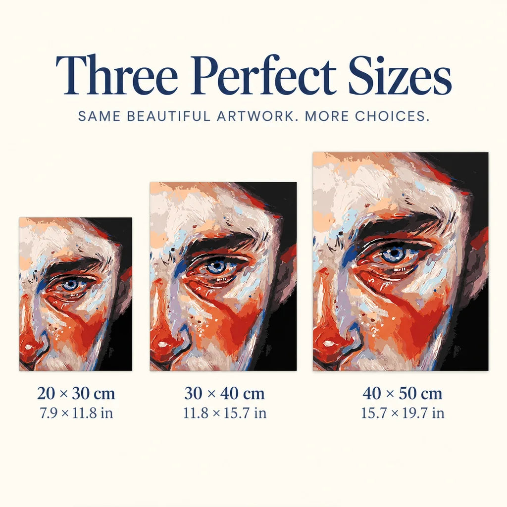 Size guide for Abstract Blue Eye Portrait Diamond Painting Kit: 20 × 30 cm, 30 × 40 cm, and 40 × 50 cm.