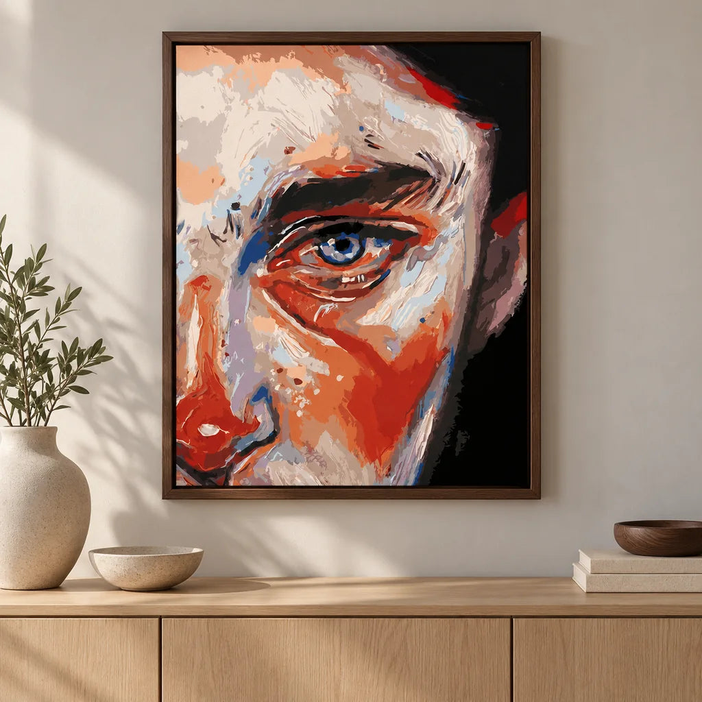 Abstract blue-eye portrait diamond painting displayed in a framed home decor scene.