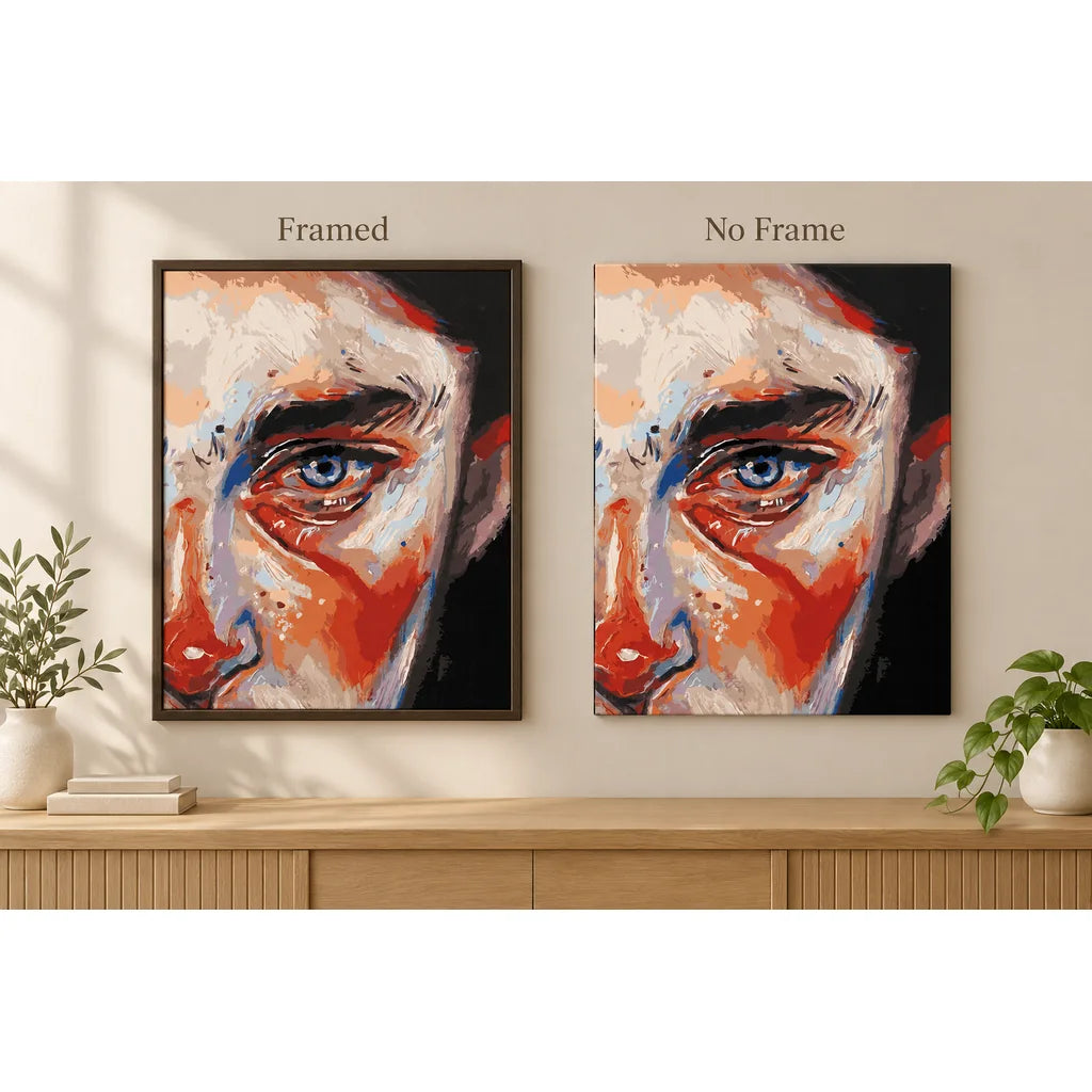 Framed and no-frame comparison for Abstract Blue Eye Portrait Diamond Painting Kit.
