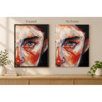 Framed and no-frame comparison for Abstract Blue Eye Portrait Diamond Painting Kit.