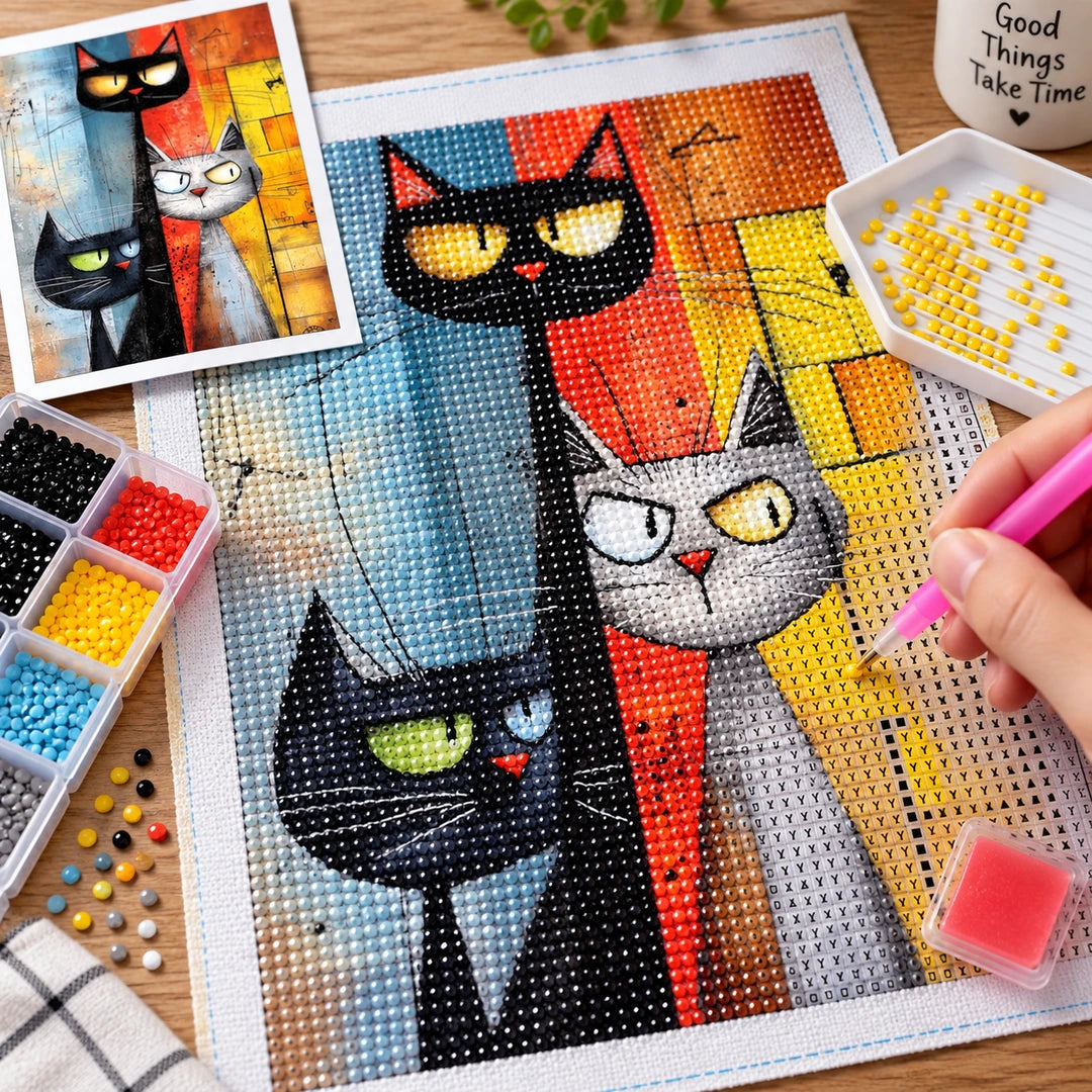 Abstract Cat Trio Diamond Painting Kit finished white-background