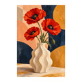 White-background original artwork of abstract poppies in a sculptural vase