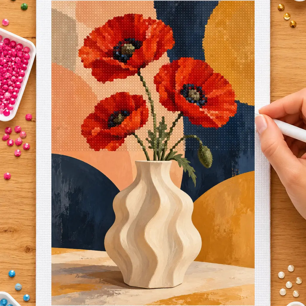 Hands placing drills on the abstract poppies in a sculptural vase diamond painting canvas