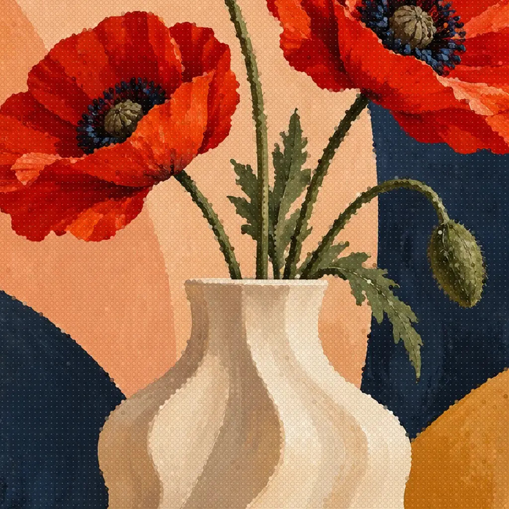 Close-up diamond detail of the abstract poppies in a sculptural vase diamond painting