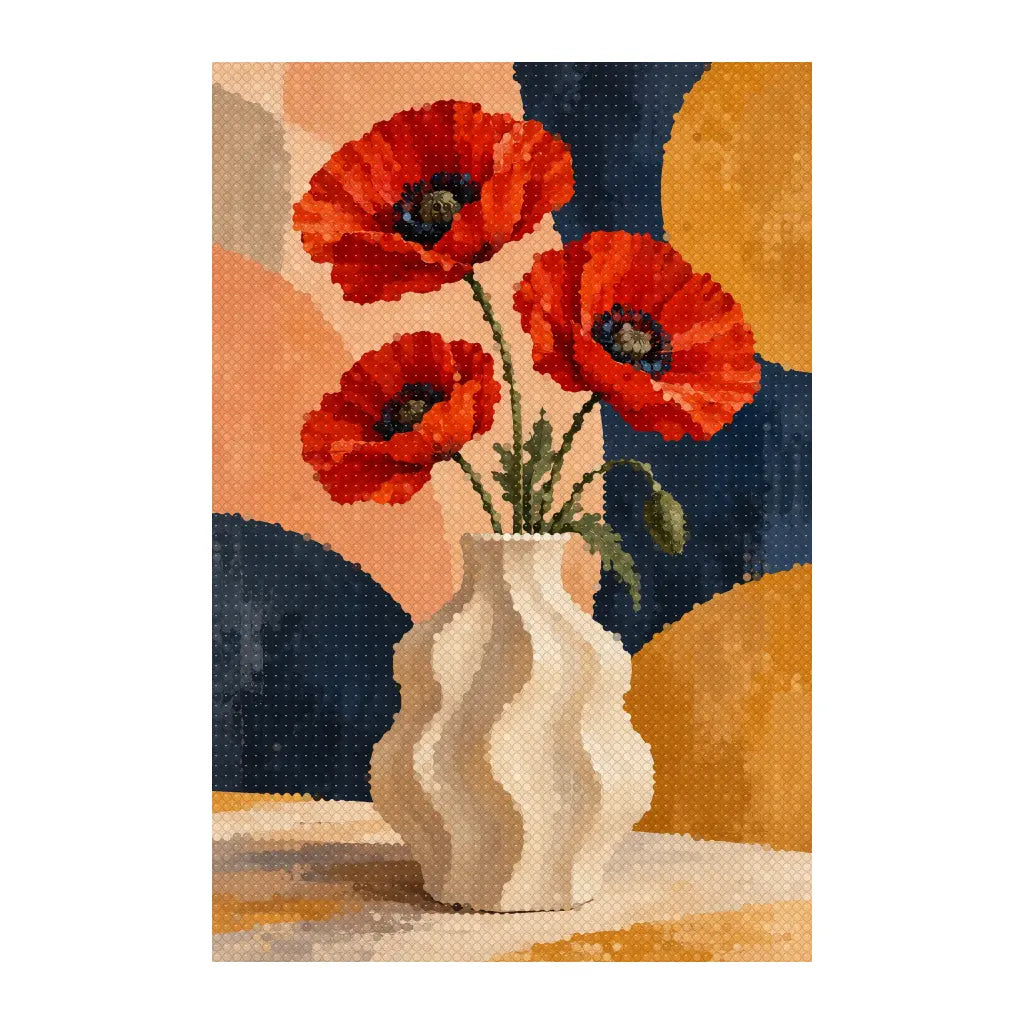 White-background finished diamond painting of abstract poppies in a sculptural vase