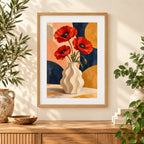 Framed home display of the abstract poppies in a sculptural vase diamond painting