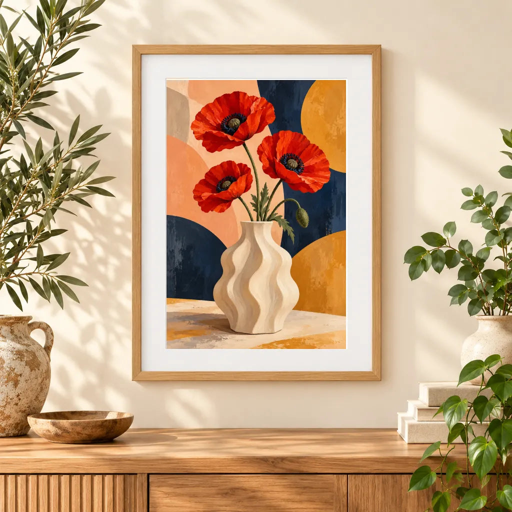 Framed home display of the abstract poppies in a sculptural vase diamond painting
