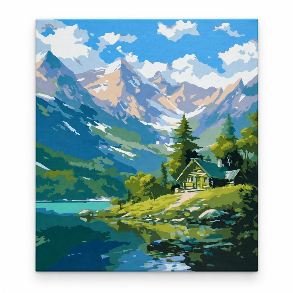 Alpine Cabin by Mountain Lake paint by numbers artwork on a front-facing canvas against a white background