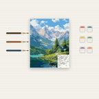 Complete Alpine Cabin by Mountain Lake numbered canvas being painted with acrylic paints and brushes