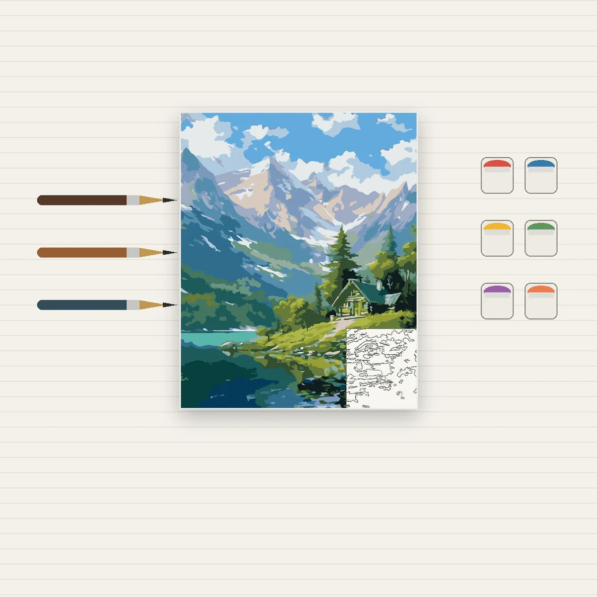 Complete Alpine Cabin by Mountain Lake numbered canvas being painted with acrylic paints and brushes