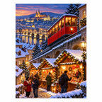 Original illustration of a red alpine funicular above a snowy Christmas market at dusk, centered on a white background