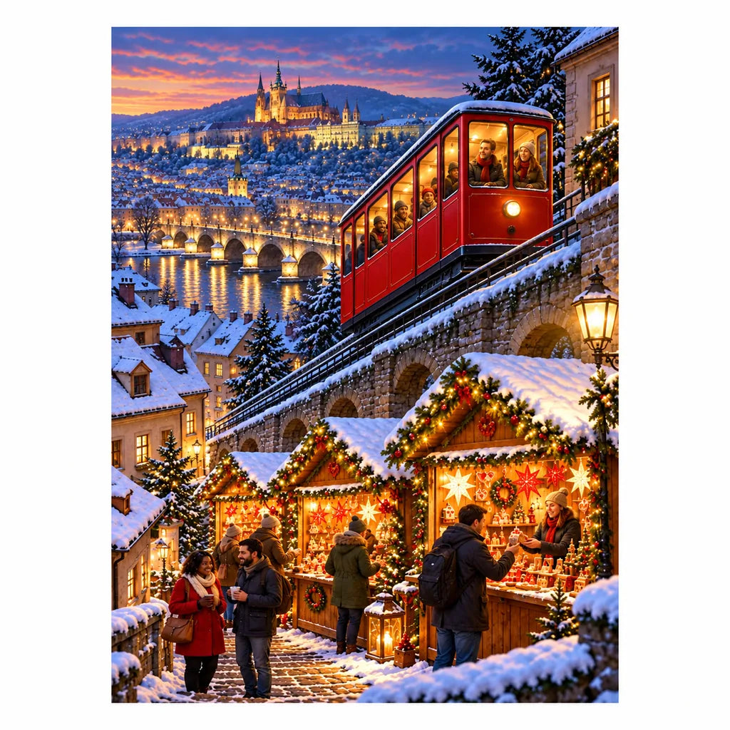Original illustration of a red alpine funicular above a snowy Christmas market at dusk, centered on a white background