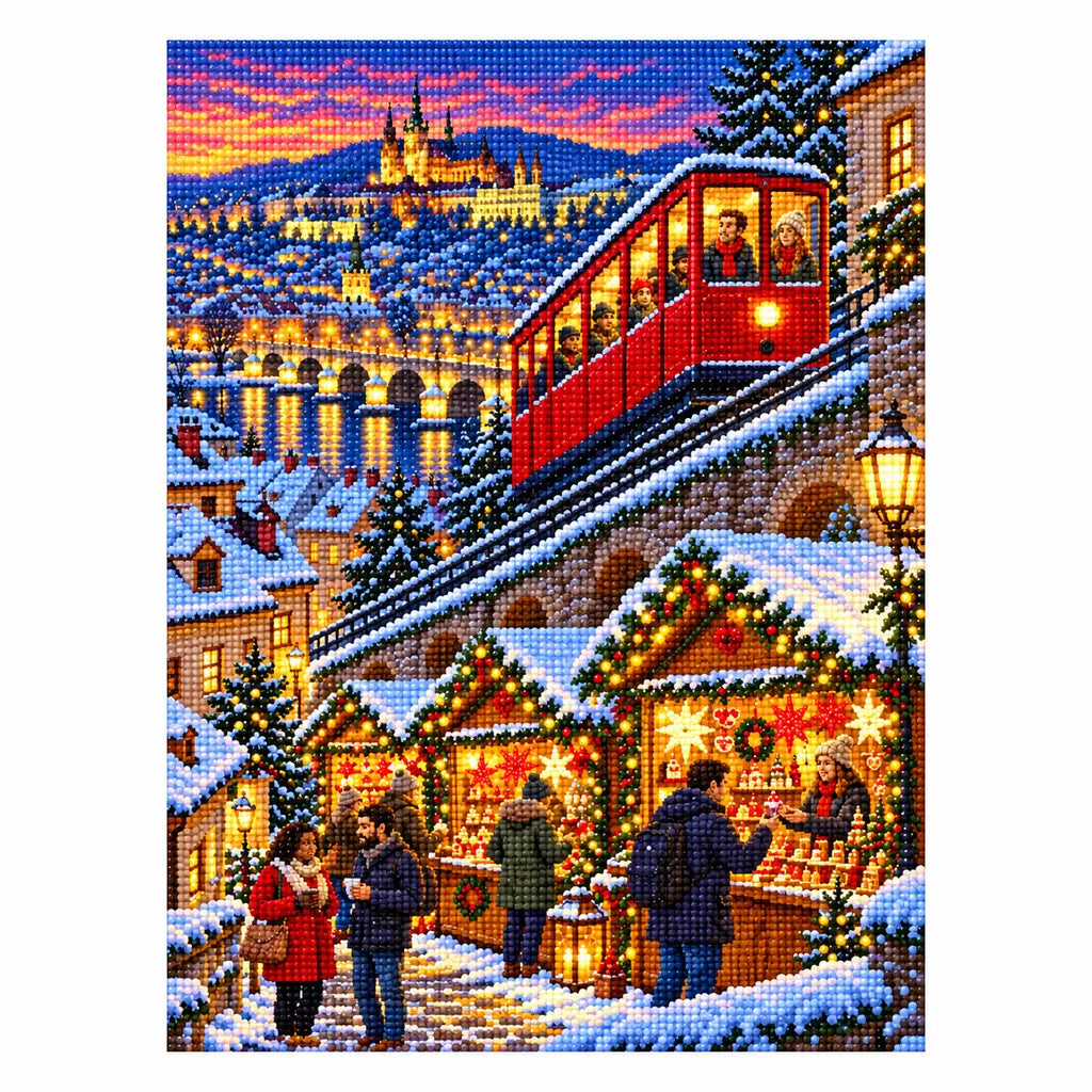 Finished diamond painting of a red alpine funicular above a snowy Christmas market at dusk