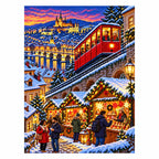 Finished diamond painting of a red alpine funicular above a snowy Christmas market at dusk