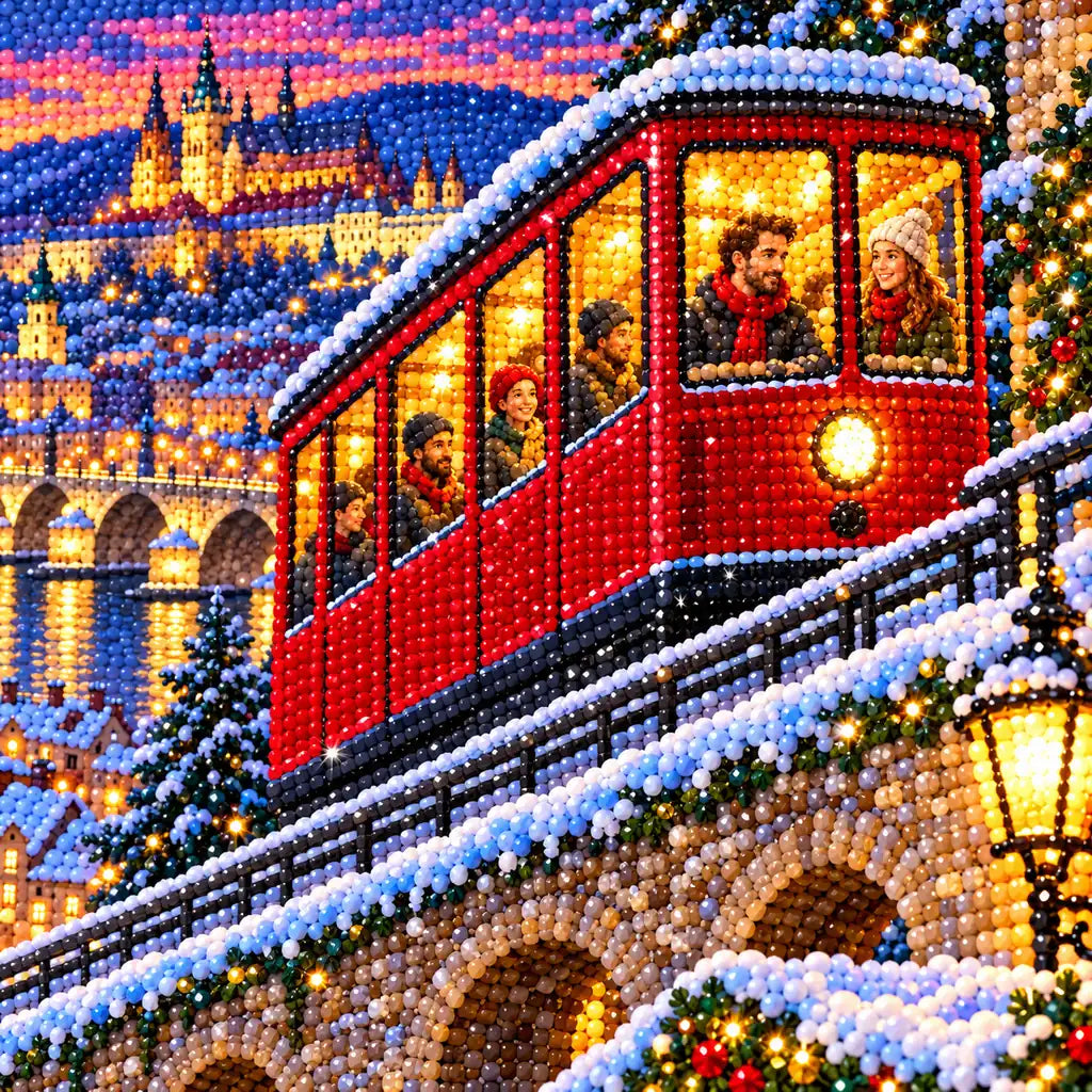 Hand placing diamond drills on the alpine funicular Christmas market canvas