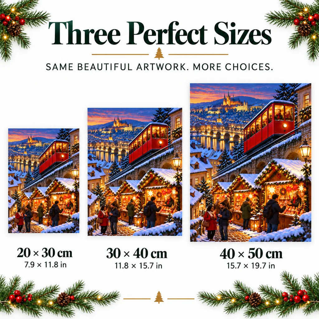 Portrait size guide for the alpine funicular design: 20 × 30, 30 × 40, and 40 × 50 cm