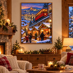 Framed alpine funicular Christmas market diamond painting displayed in a cozy interior