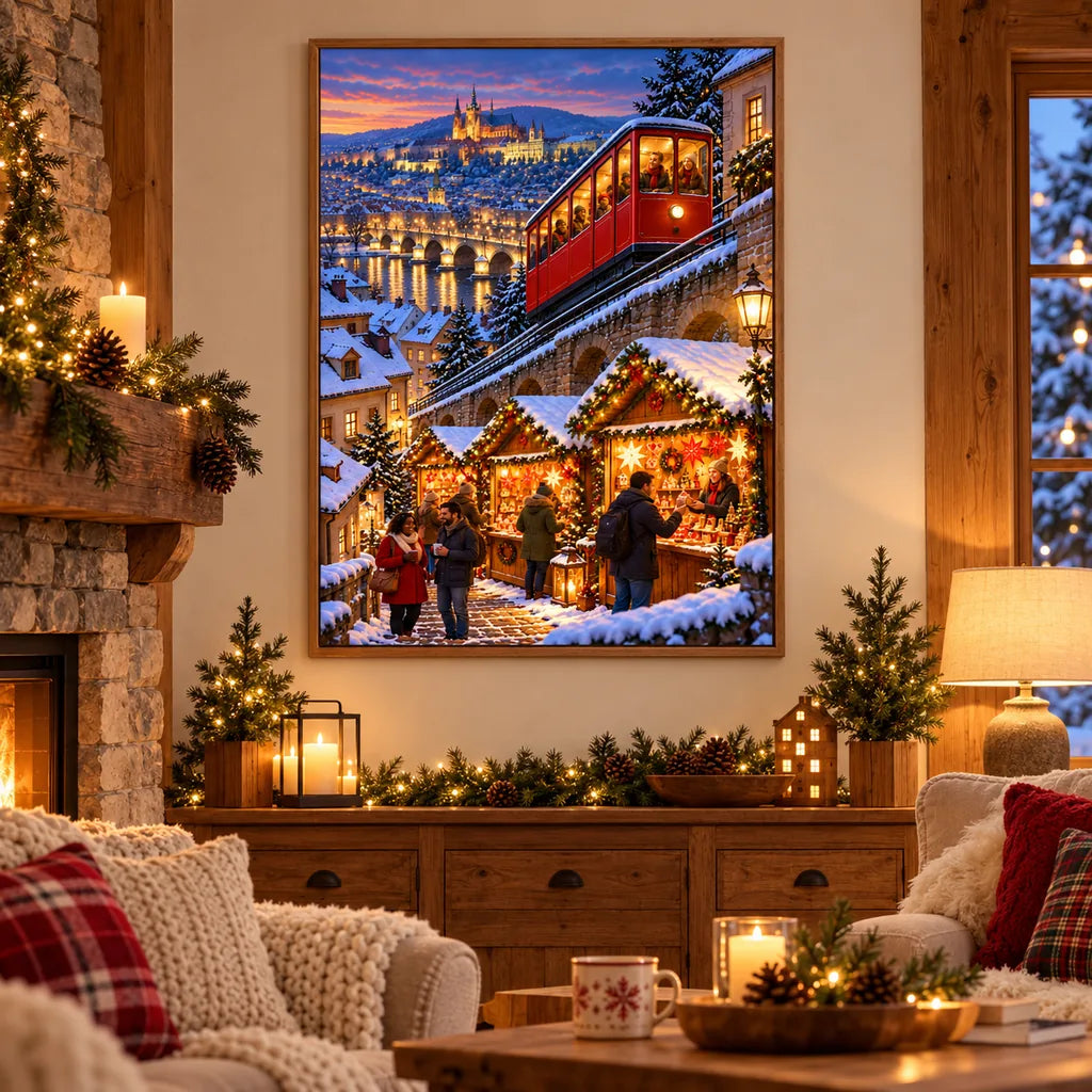 Framed alpine funicular Christmas market diamond painting displayed in a cozy interior