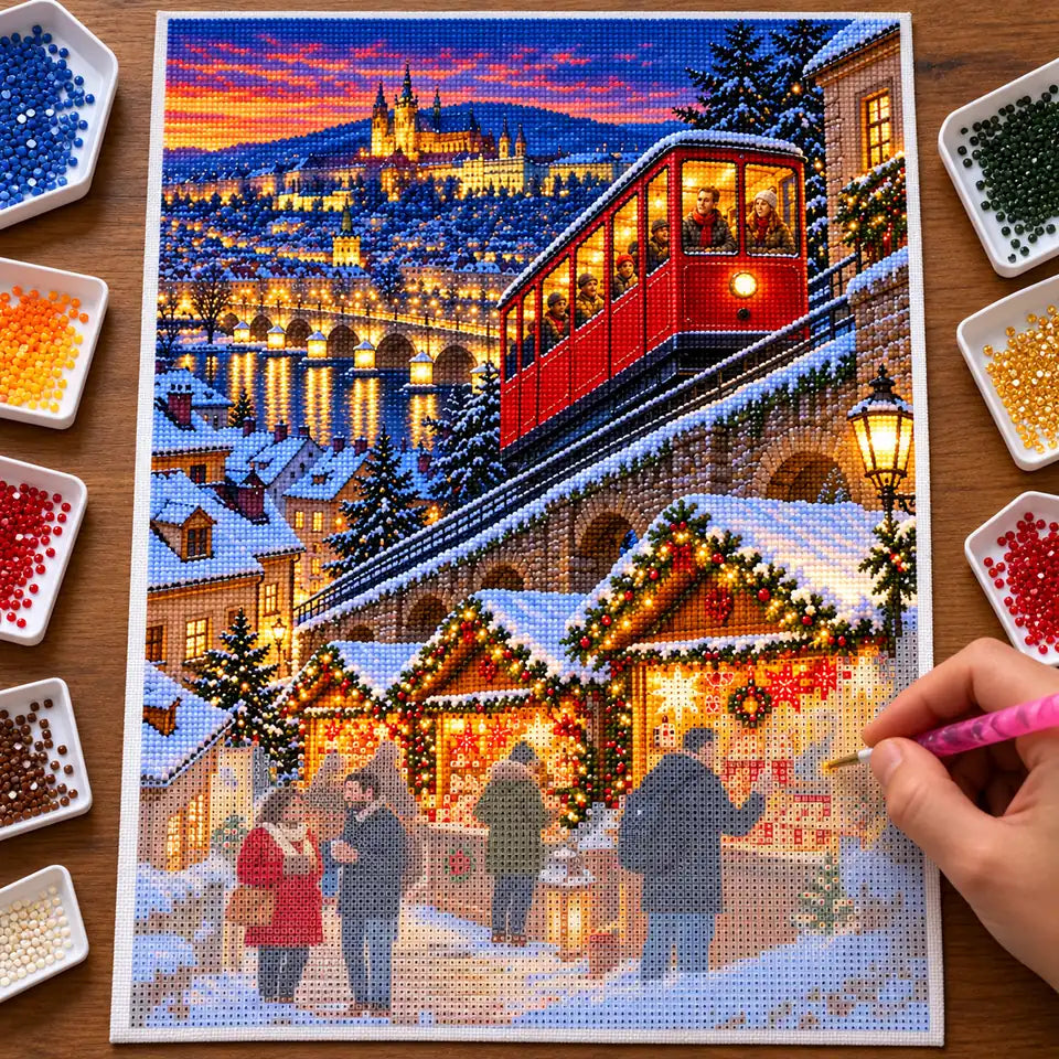 Framed and no-frame comparison for the alpine funicular Christmas market diamond painting