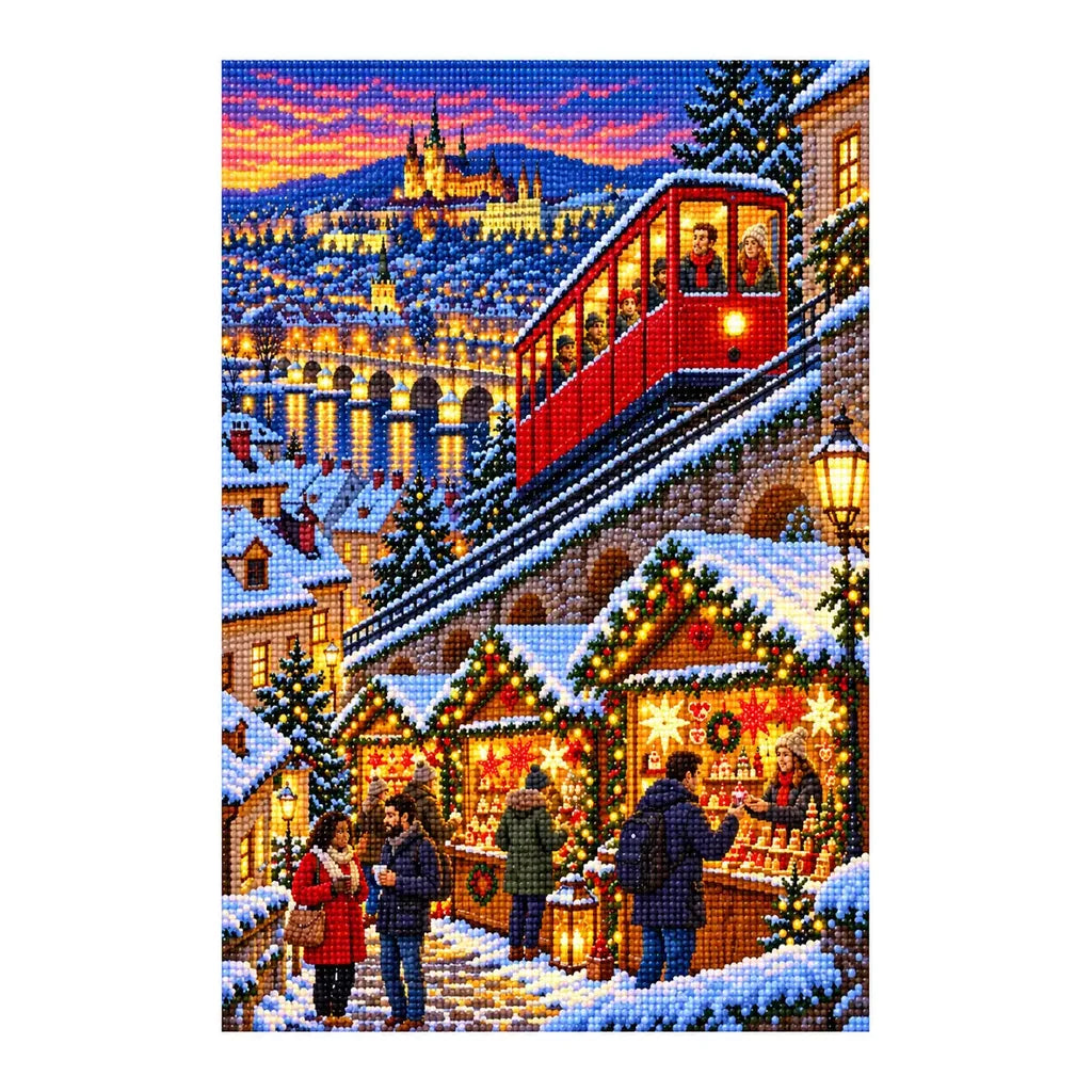 Finished diamond painting of a red alpine funicular above a snowy Christmas market at dusk