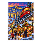 Finished diamond painting of a red alpine funicular above a snowy Christmas market at dusk