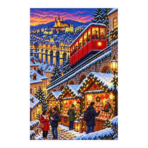 Finished diamond painting of a red alpine funicular above a snowy Christmas market at dusk