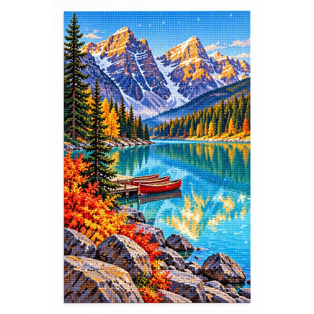 Alpine Lake Red Canoe finished diamond artwork on white background