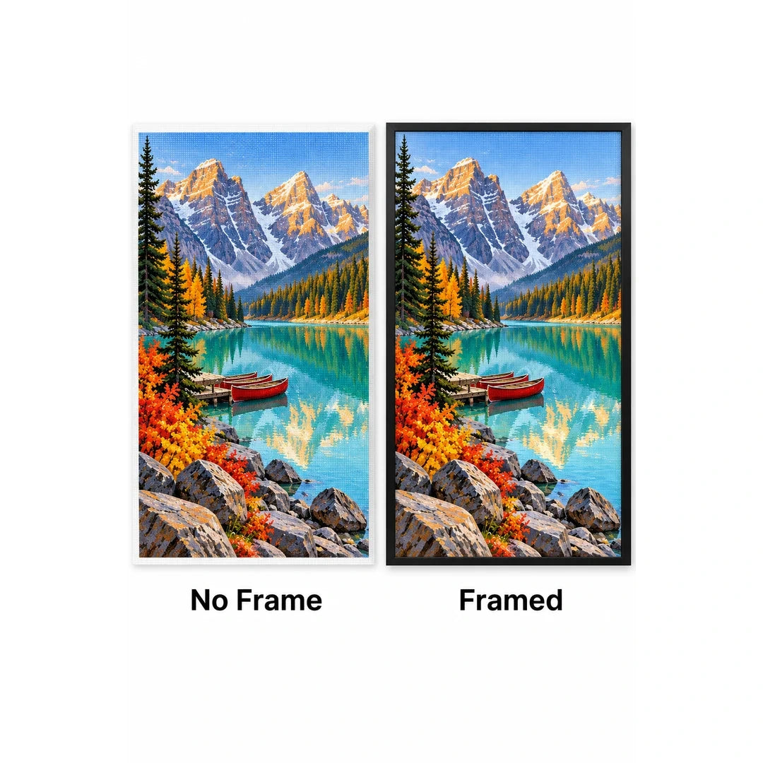 Alpine Lake Red Canoe No Frame and Framed comparison