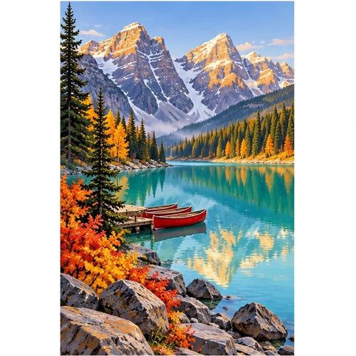 Alpine Lake Red Canoe original artwork on white background