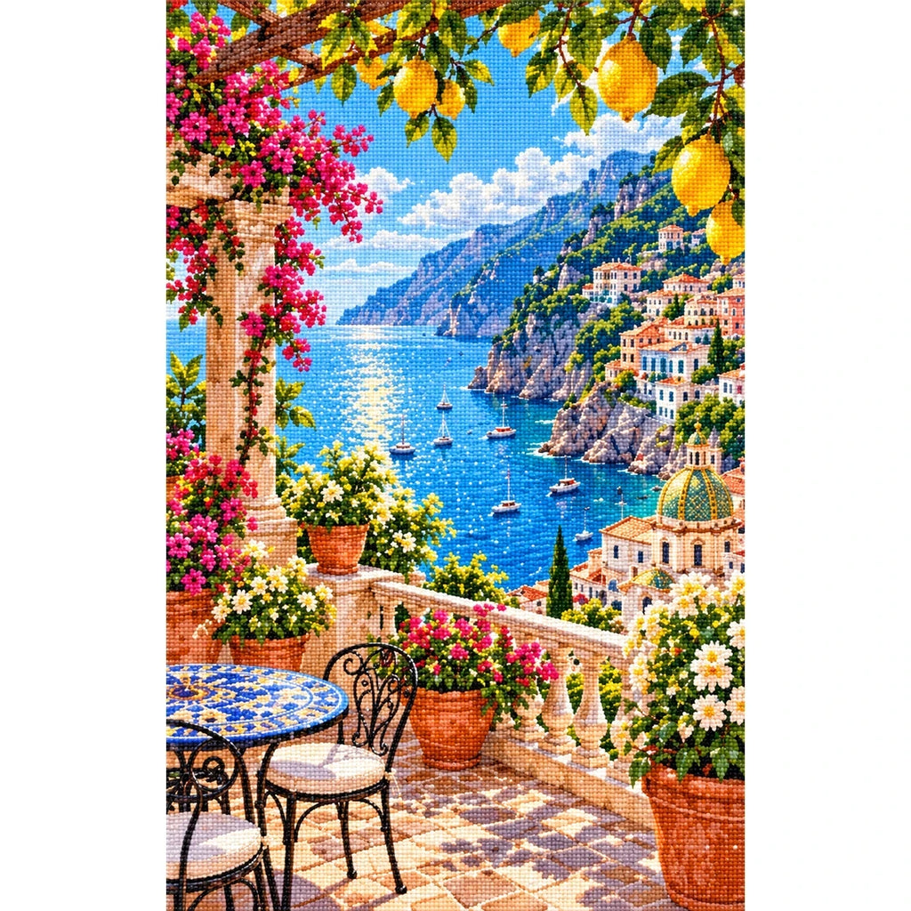 Amalfi Coast Lemon Terrace finished diamond painting on white
