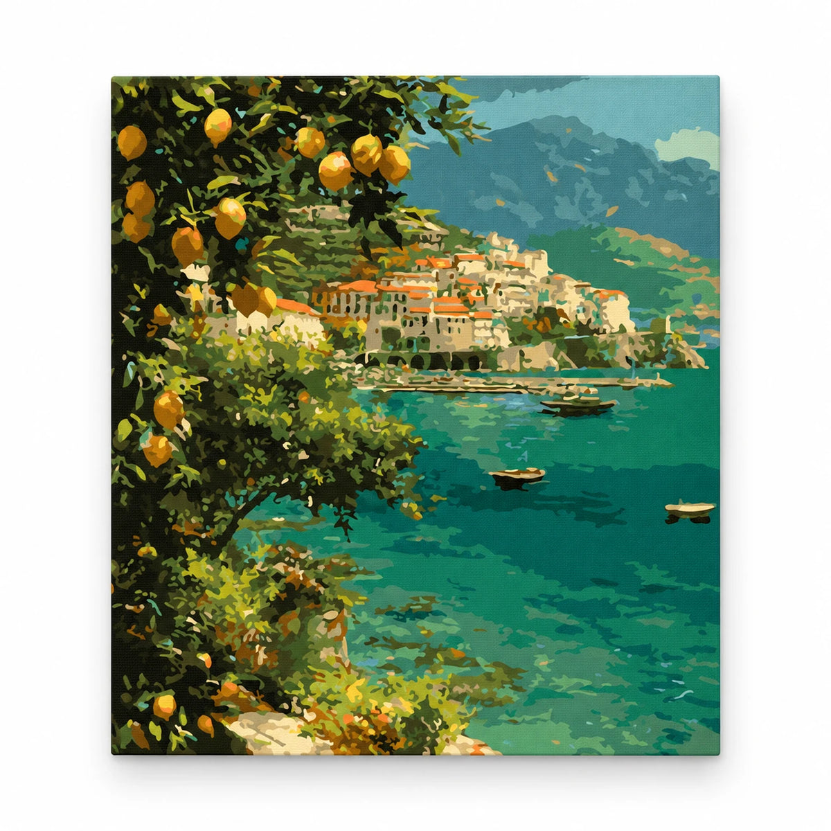 Amalfi Lemon Coast paint by numbers artwork on a front-facing canvas against a white background