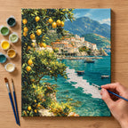 Complete Amalfi Lemon Coast numbered canvas being painted with acrylic paints and brushes