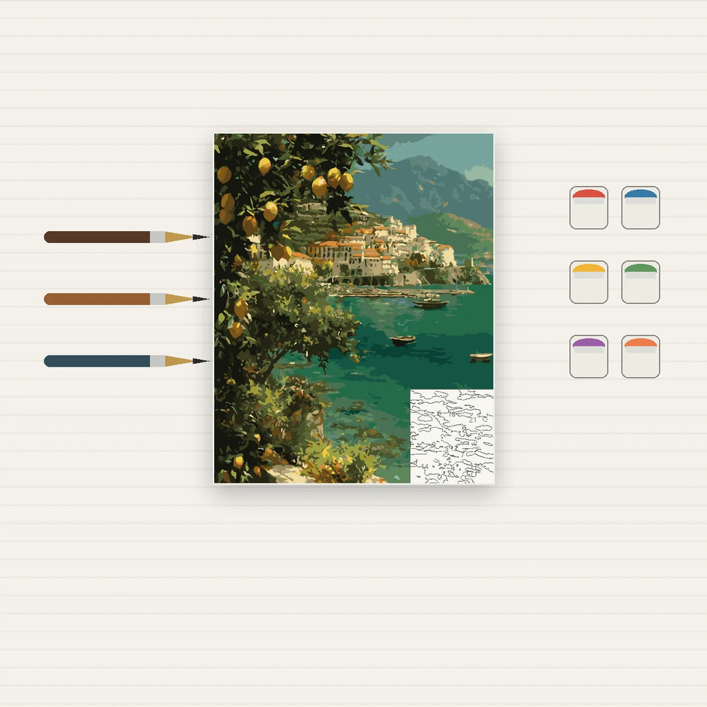 Complete Amalfi Lemon Coast numbered canvas being painted with acrylic paints and brushes