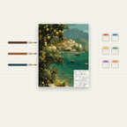 Complete Amalfi Lemon Coast numbered canvas being painted with acrylic paints and brushes