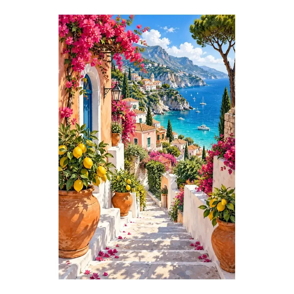 Original Amalfi Coast artwork on a white background.