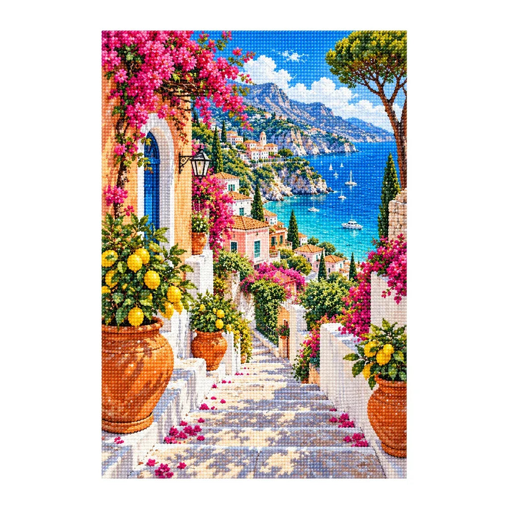 White-background finished diamond painting of Amalfi Coast.