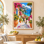 Framed Amalfi Coast diamond painting displayed as home decor.
