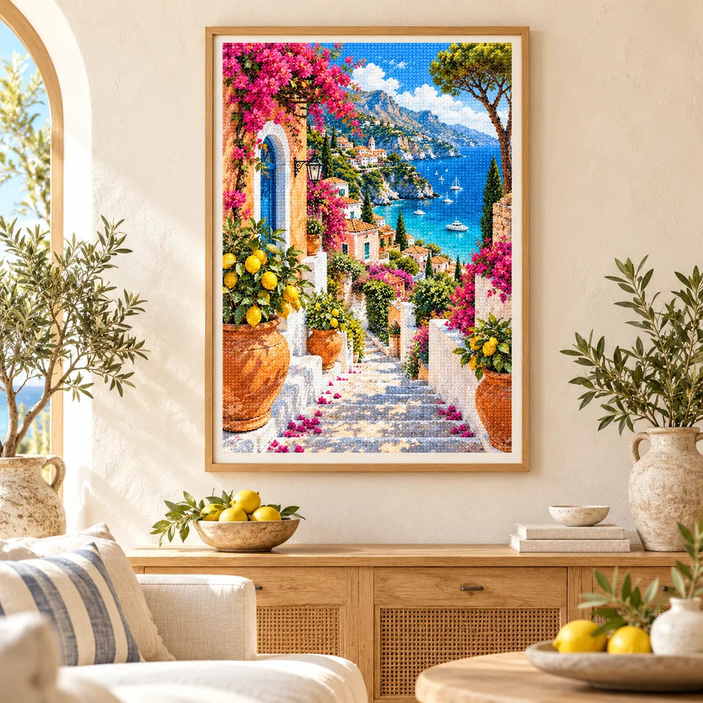Framed Amalfi Coast diamond painting displayed as home decor.