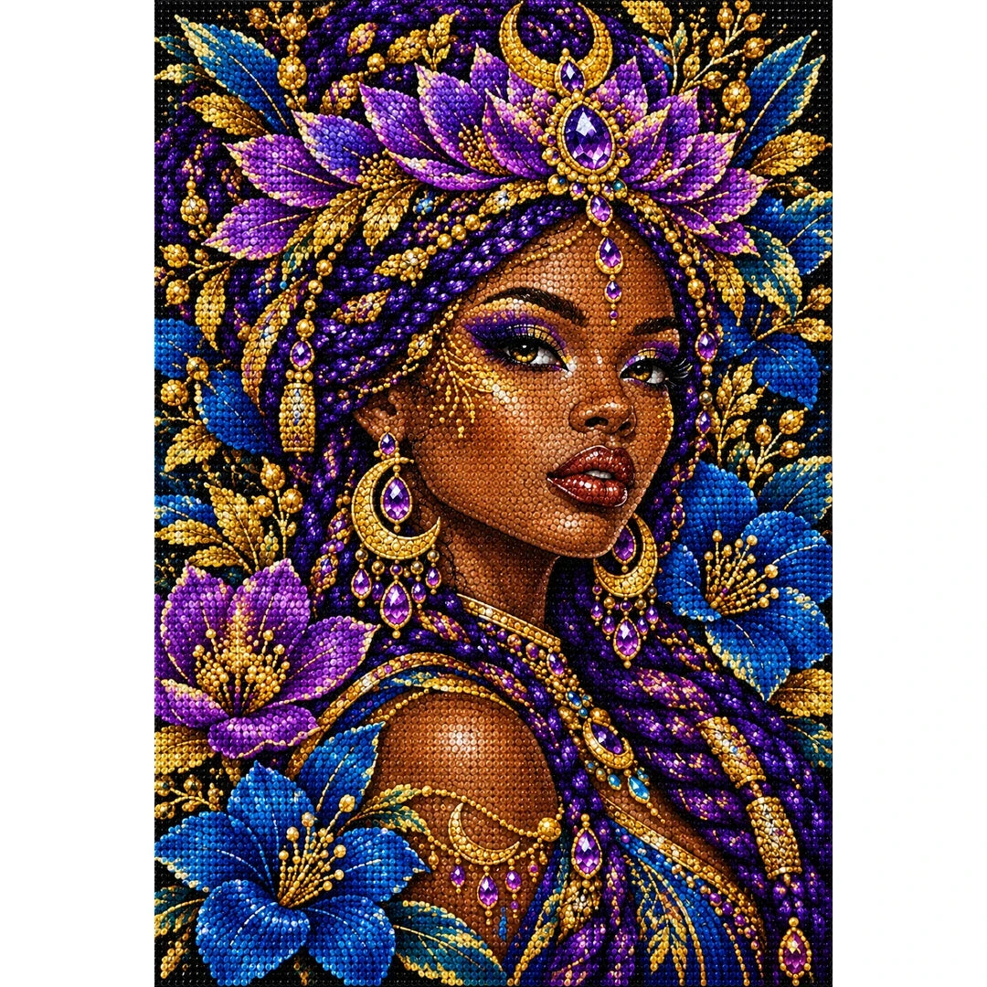 Amethyst Lotus Priestess finished diamond painting on white background