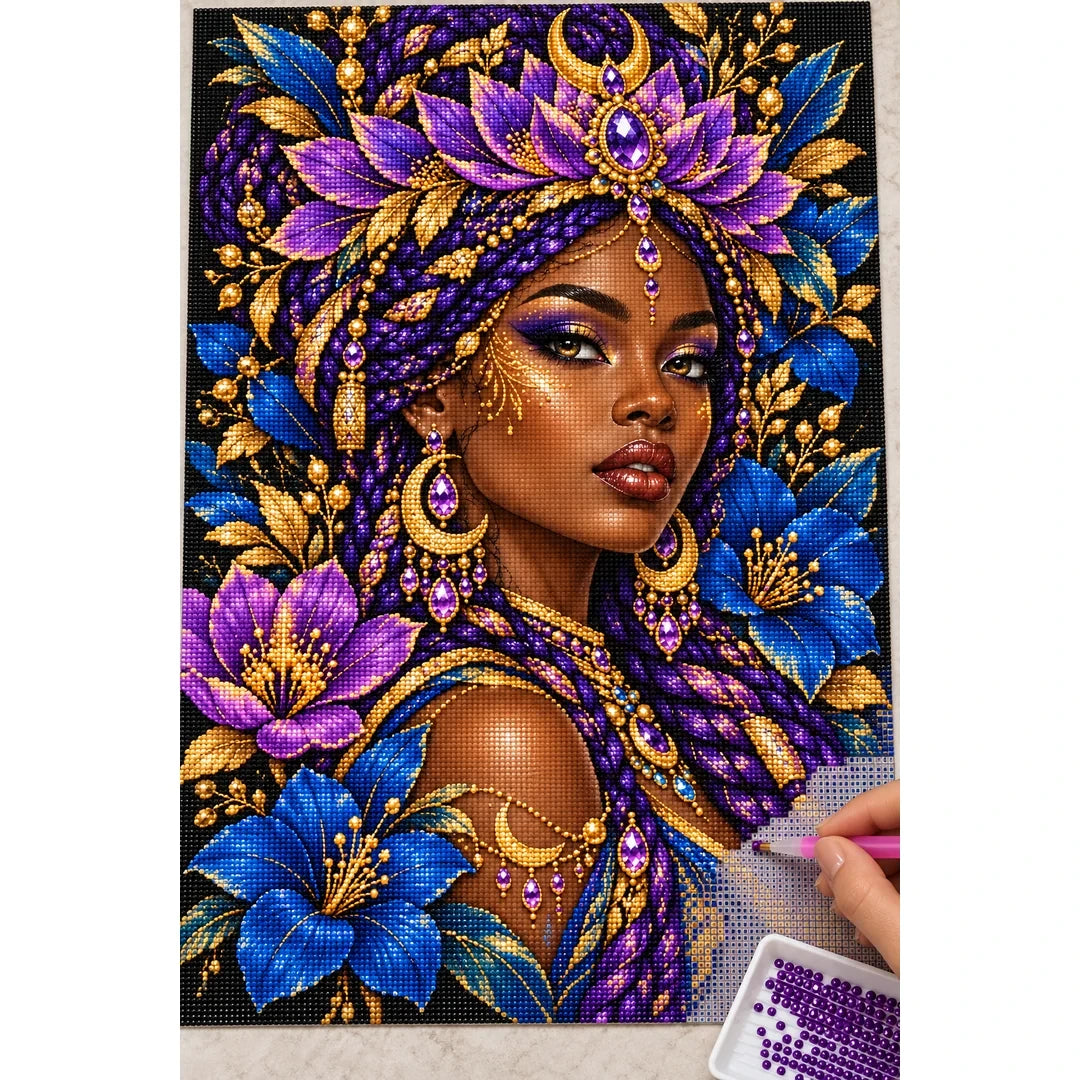 Amethyst Lotus Priestess diamond painting process with pen and tray