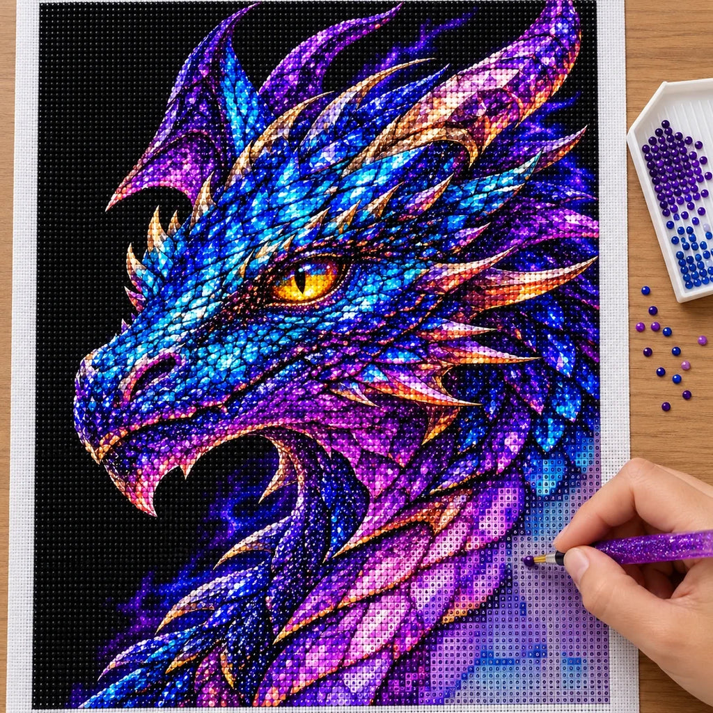 Amethyst Storm Mosaic Dragon diamond painting process with pen and tray