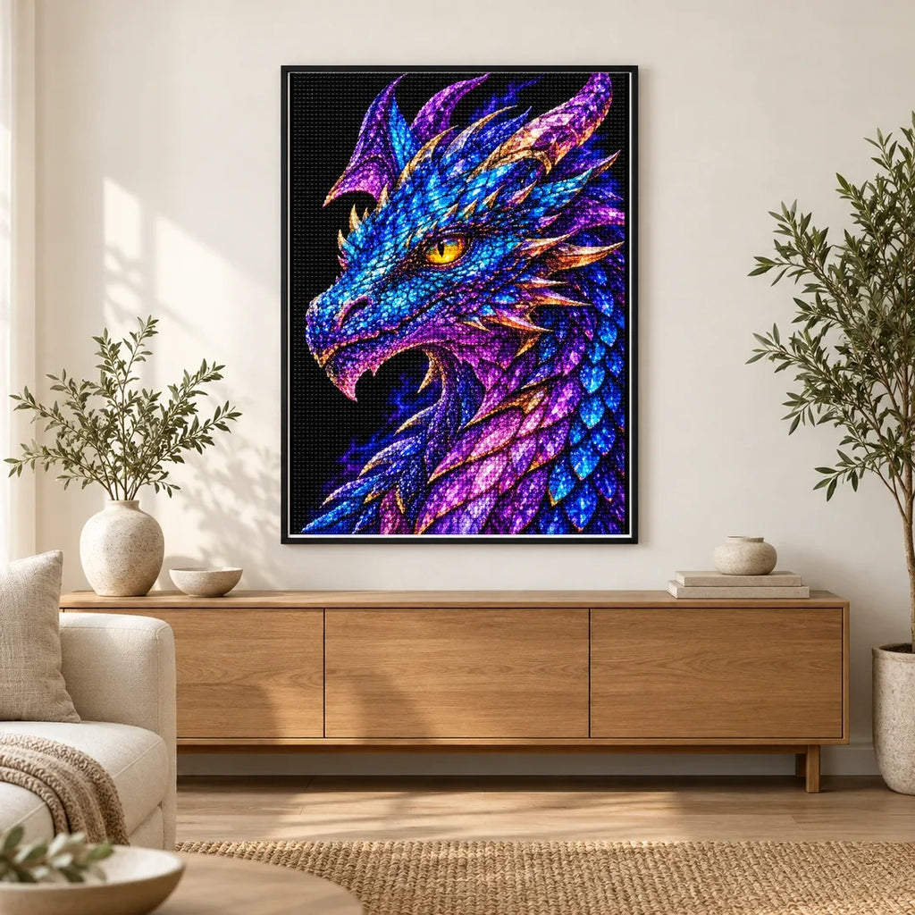 Amethyst Storm Mosaic Dragon finished diamond painting in a home interior