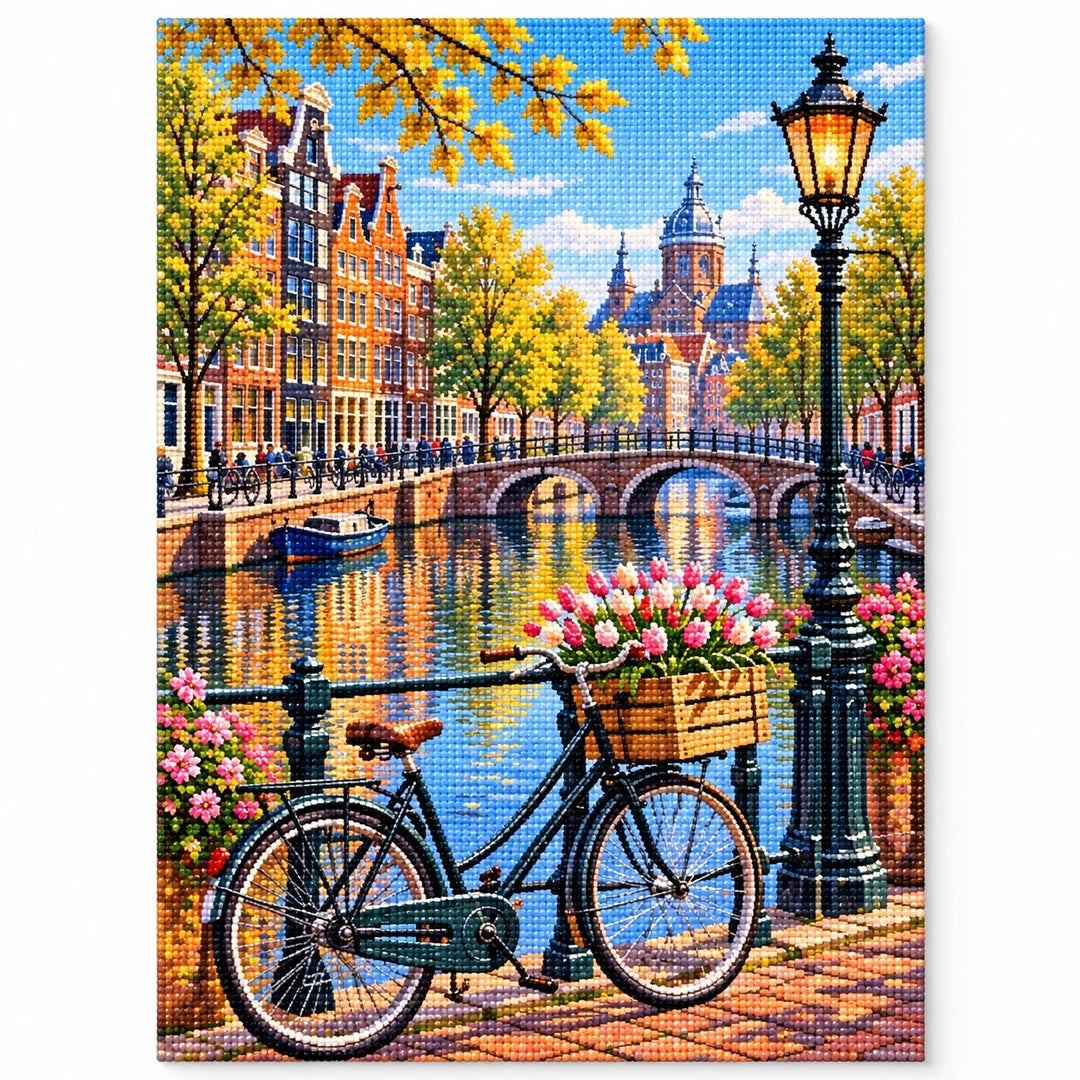 Amsterdam Canal Bicycle finished diamond artwork on white background