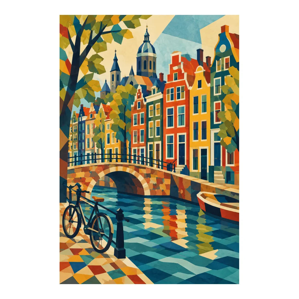 White-background original artwork of colorful Dutch gabled canal houses, a stone bridge, and a bicycle